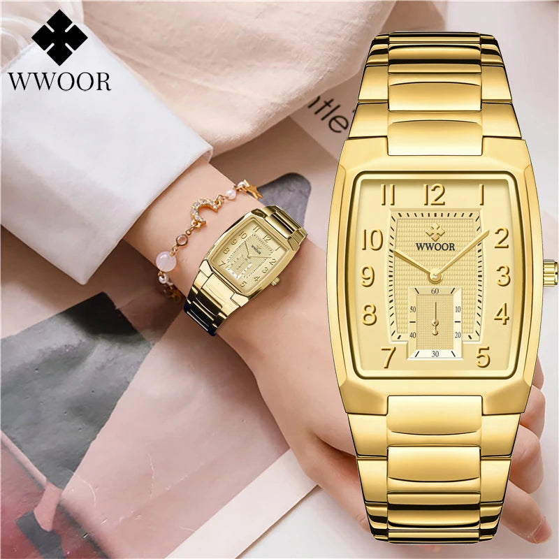 Wwoor 2024 novos relógios femininos de ouro criativo aço pulseira relógios de pulso senhoras quadrado à prova dwaterproof água feminino relogio feminino