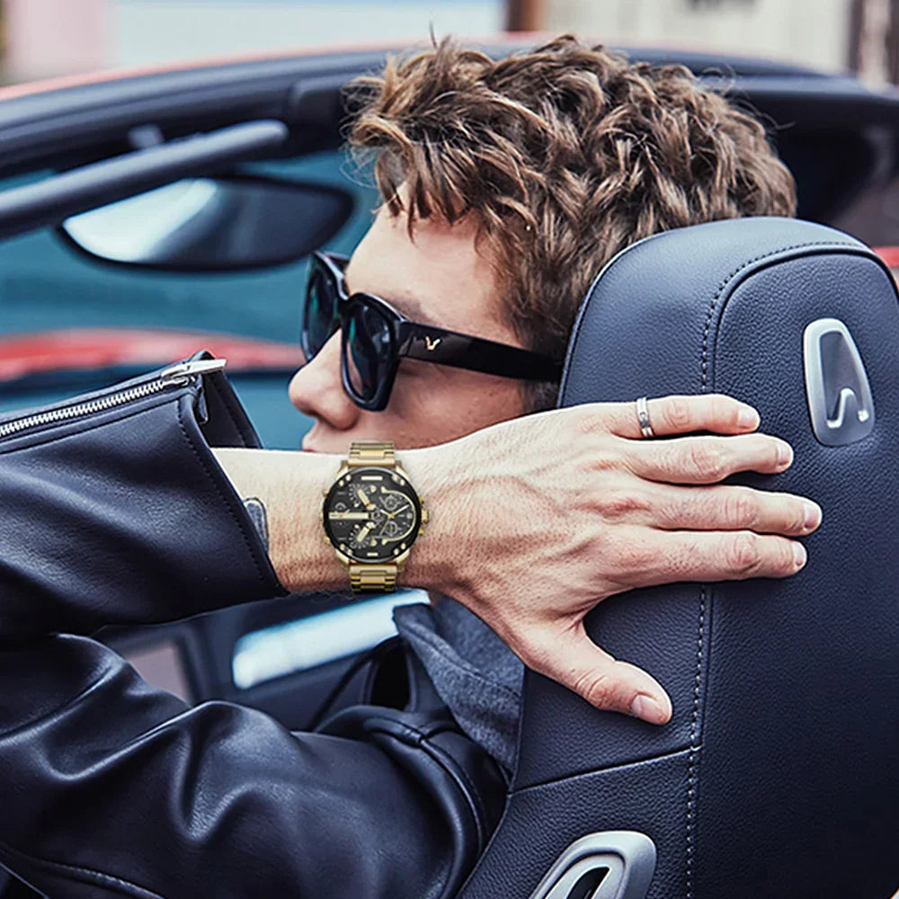 Relógio masculino luxuoso de aço inoxidável – Relógio de quartzo com mostrador analógico grande para negócios e roupas casuais – Cronógrafo esportivo à prova d'água