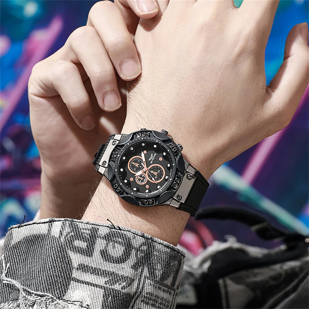 Relógios desportivos para homem 2025 Novo design de luneta tripla Relógio de quartzo Silicone militar castanho Relógio para homem