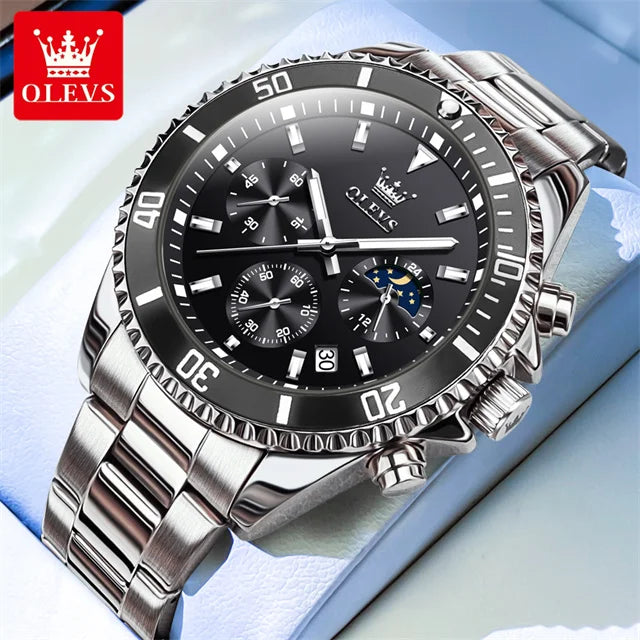 Olevs 2870 relógio masculino 42.5mm grande mostrador cronógrafo fase da lua relógios esportivos à prova dwaterproof água moda original relógio de quartzo para homem 2025