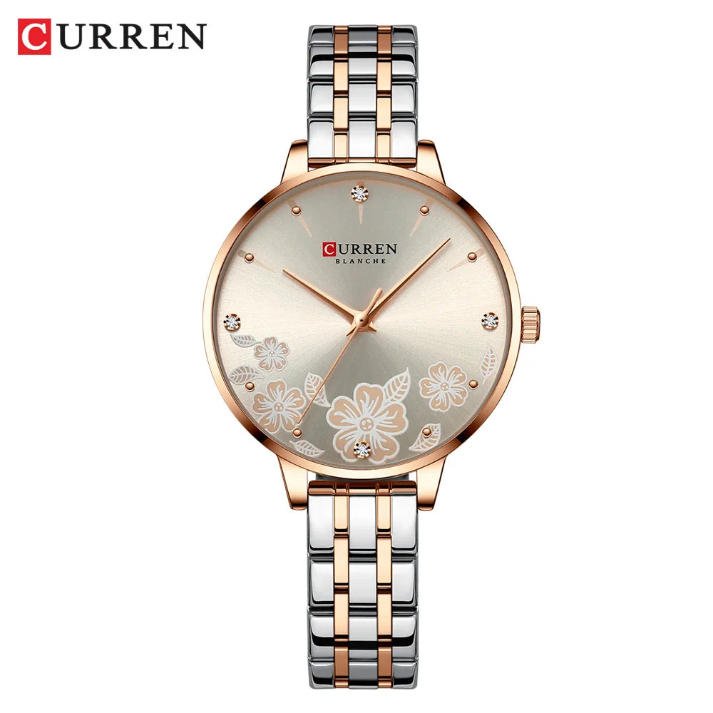 CURREN-quartzo relógios para mulheres, simples pulseira de aço inoxidável, flor Design Dial, moda