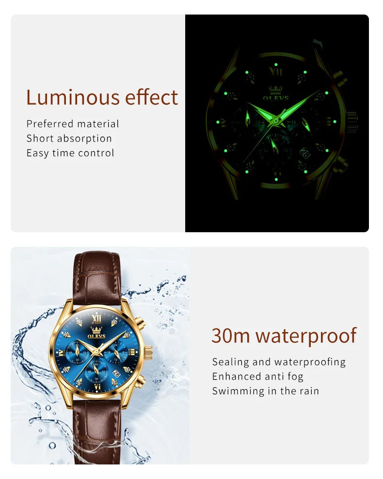 Olevs 5523 marca original relógios femininos moda à prova dwaterproof água pulseira de couro relógio de quartzo para senhora cronógrafo relógio de pulso luminoso