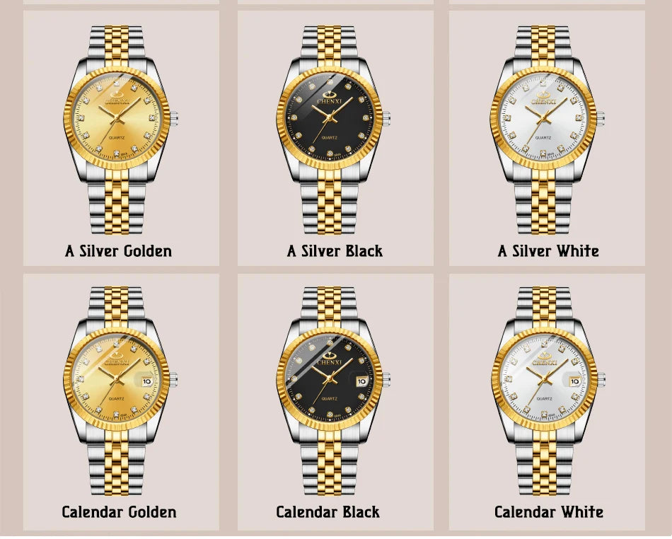 CHENXI-Relógio quartzo dourado masculino, strass, pulseira de aço inoxidável, impermeável, relógios de pulso empresariais para homens, várias cores, moda