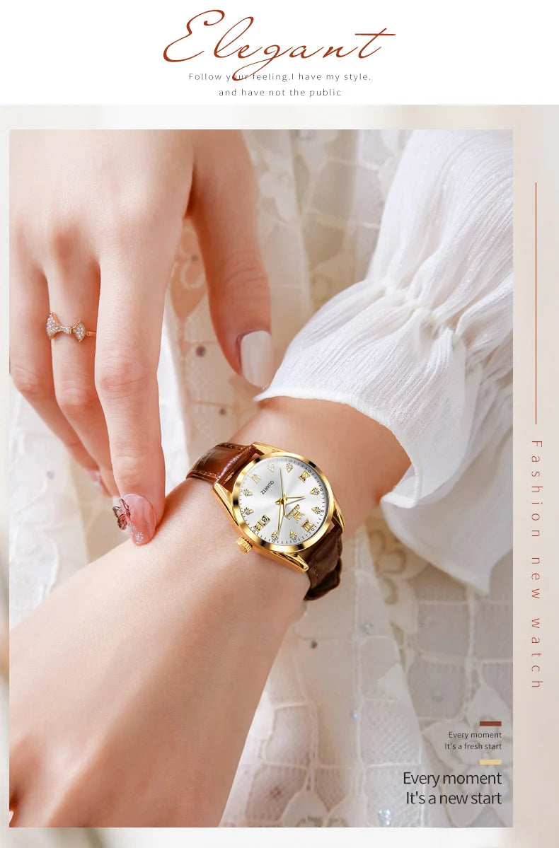 Olevs clássicos pulseira de couro relógio de quartzo para mulheres moda elegante diamante senhoras relógio à prova dwaterproof água data relógio de quartzo feminino