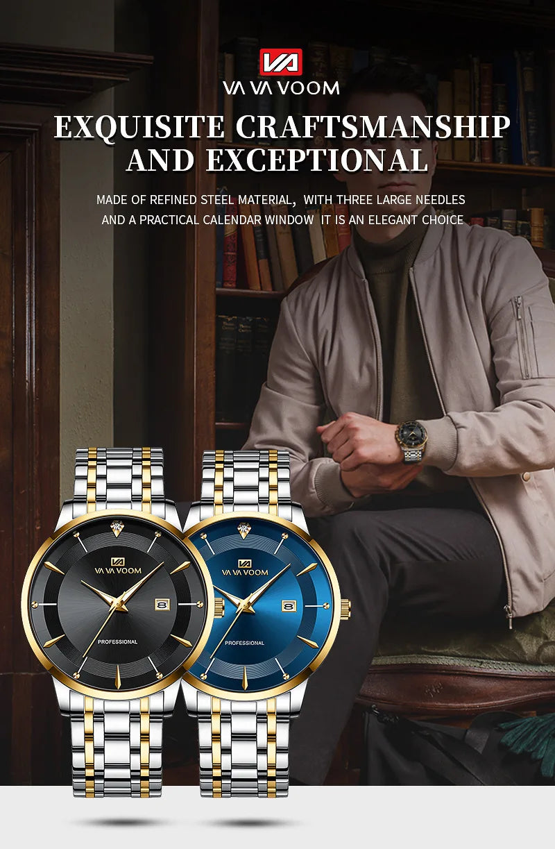 VA VA VOOM Moda Masculina Relógios À Prova D 'Água de Aço Inoxidável Negócios Simples Luz Noturna Data Top Marca Relógio de Quartzo para Homens