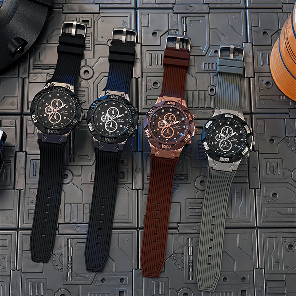 Relógios desportivos para homem 2025 Novo design de luneta tripla Relógio de quartzo Silicone militar castanho Relógio para homem