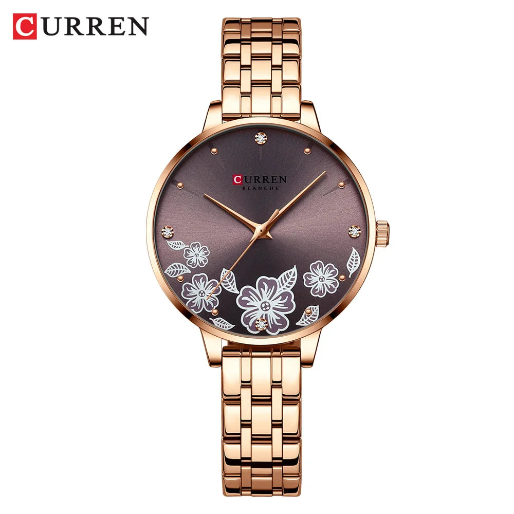 CURREN-quartzo relógios para mulheres, simples pulseira de aço inoxidável, flor Design Dial, moda