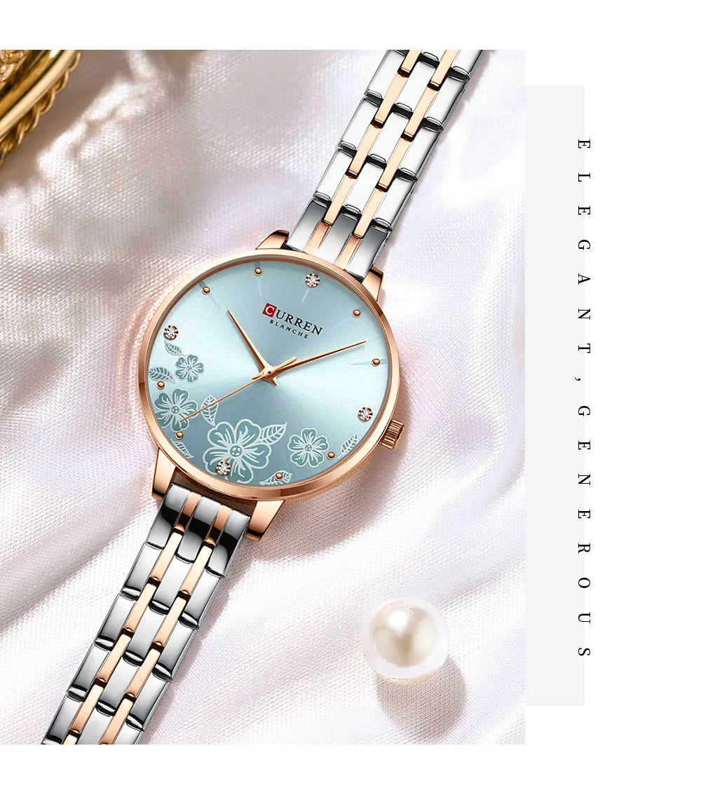 CURREN-quartzo relógios para mulheres, simples pulseira de aço inoxidável, flor Design Dial, moda