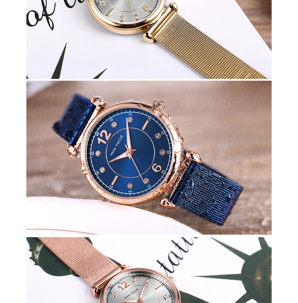 Mini foco 0177 elegante senhoras relógio de quartzo moda luminosa à prova dwaterproof água pulseira metal relógios casuais para mulher relojes de mujer