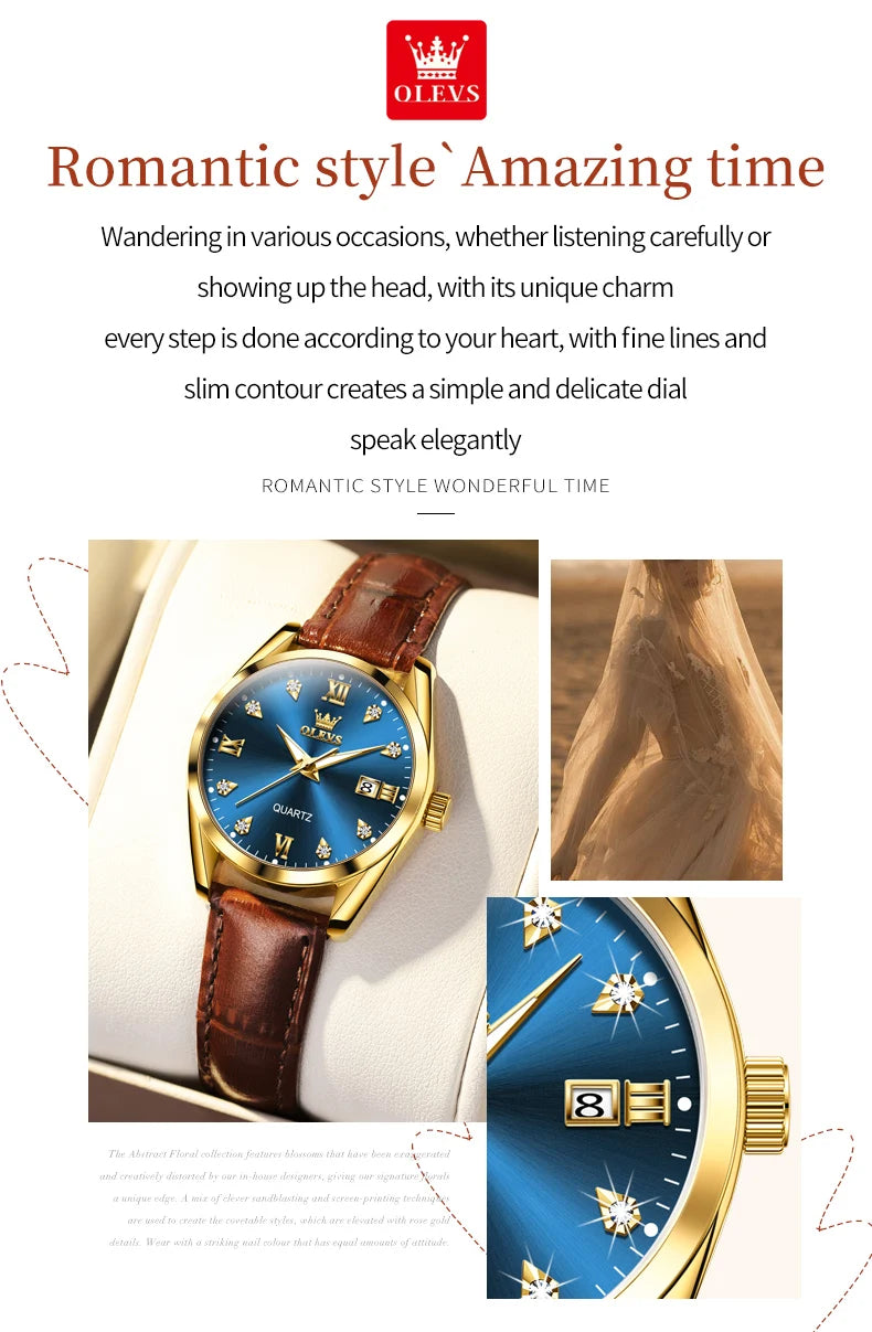 Olevs clássicos pulseira de couro relógio de quartzo para mulheres moda elegante diamante senhoras relógio à prova dwaterproof água data relógio de quartzo feminino