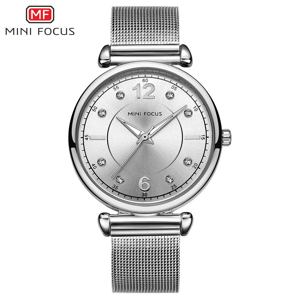 Mini foco 0177 elegante senhoras relógio de quartzo moda luminosa à prova dwaterproof água pulseira metal relógios casuais para mulher relojes de mujer
