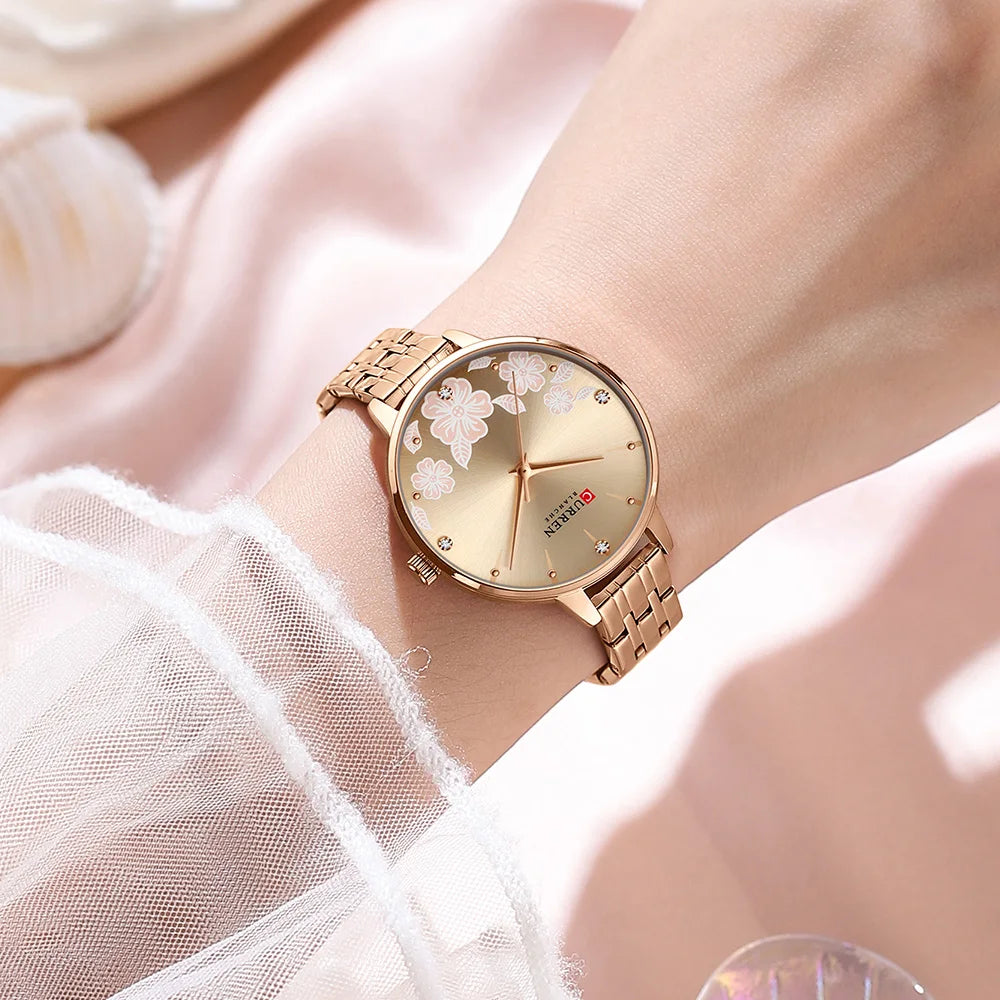 CURREN-quartzo relógios para mulheres, simples pulseira de aço inoxidável, flor Design Dial, moda