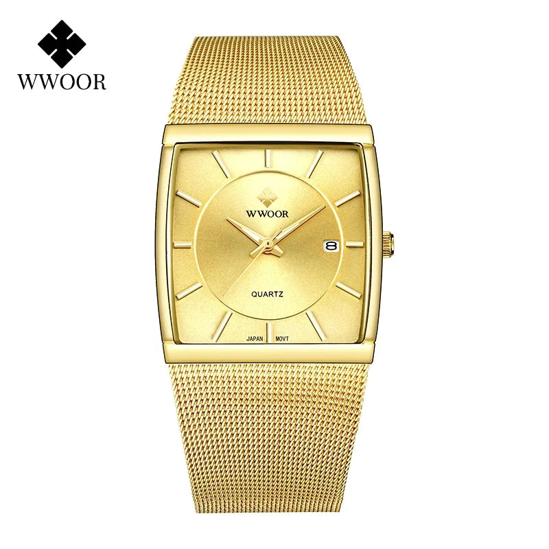 Wwoor marca superior de luxo japão movimento quartzo relógios dos homens ultra fino ouro malha aço relógio para homem quadrado à prova dwaterproof água relógio pulso