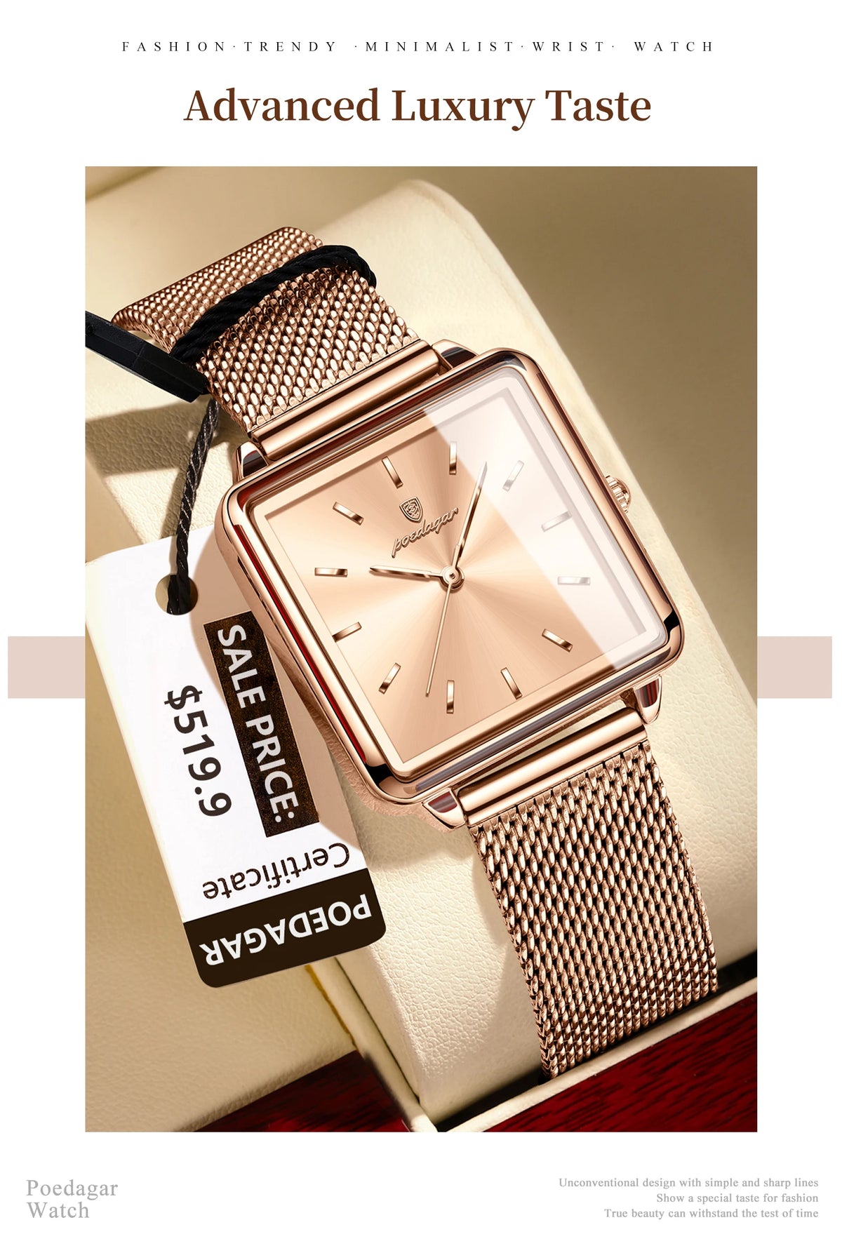 Poedagar moda senhoras relógio à prova dwaterproof água quadrado elegante relógio para mulher malha de aço inoxidável quartzo relógios femininos reloj