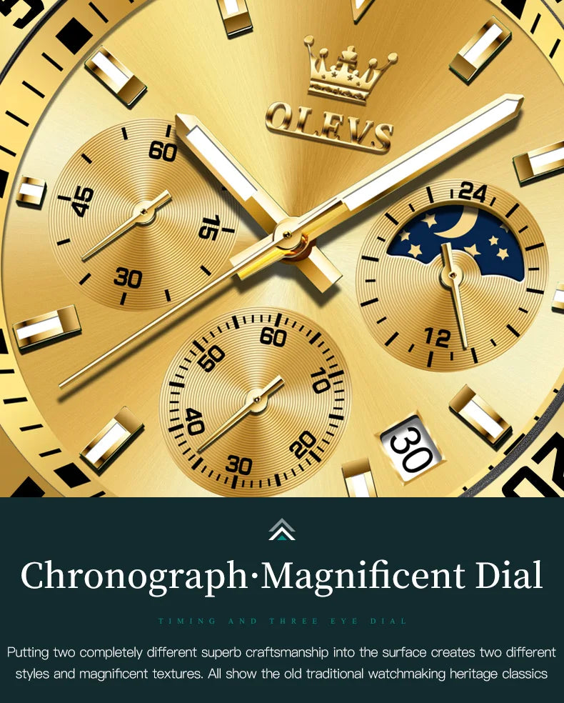 Olevs 2870 relógio masculino 42.5mm grande mostrador cronógrafo fase da lua relógios esportivos à prova dwaterproof água moda original relógio de quartzo para homem 2025