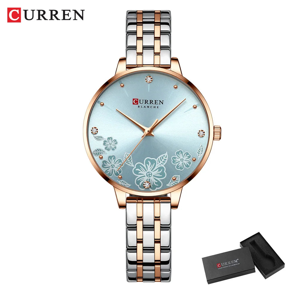 CURREN-quartzo relógios para mulheres, simples pulseira de aço inoxidável, flor Design Dial, moda