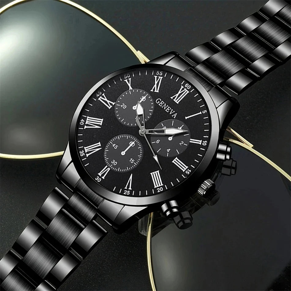 4 pçs moda masculina luxo relógio de pulso de quartzo spearhead pingente colar pulseira anel masculino negócios analógico relógios de aço inoxidável