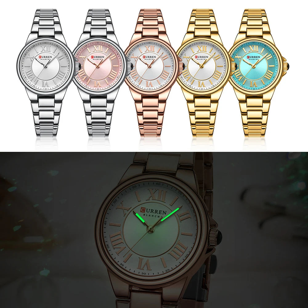 CURREN Charme Romântico Relógios de Pulso Feminino Design de Moda Relógio de Quartzo Fino com Mãos Luminosas Pulseira de Aço Inoxidável