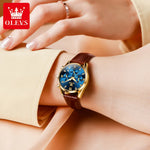 Olevs 5523 marca original relógios femininos moda à prova dwaterproof água pulseira de couro relógio de quartzo para senhora cronógrafo relógio de pulso luminoso