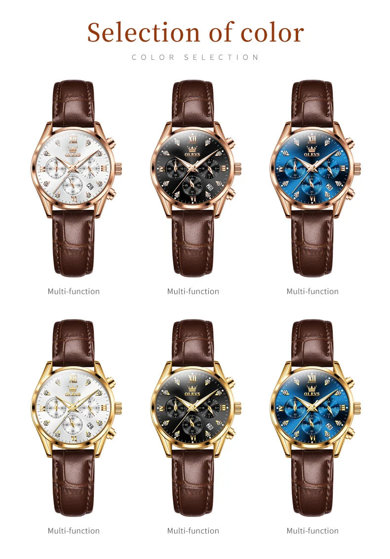 Olevs 5523 marca original relógios femininos moda à prova dwaterproof água pulseira de couro relógio de quartzo para senhora cronógrafo relógio de pulso luminoso