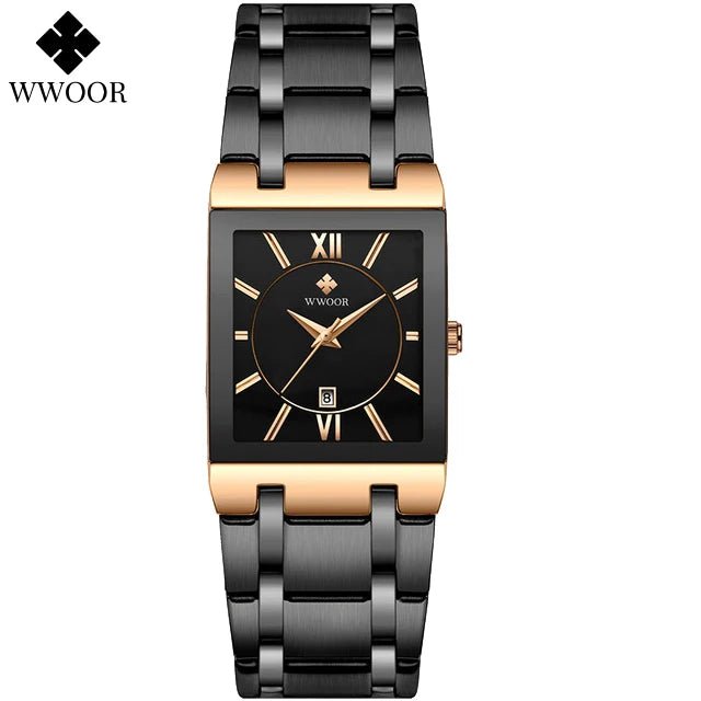 Wwoor-relógio masculino de quartzo, aço inoxidável, ouro, à prova d'água, com data quadrada, marca de luxo, para homens