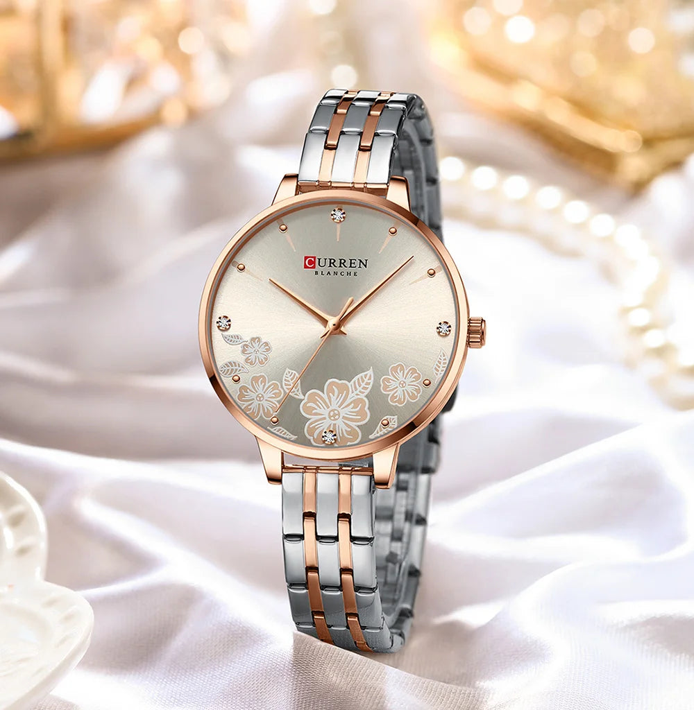 CURREN-quartzo relógios para mulheres, simples pulseira de aço inoxidável, flor Design Dial, moda