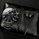 4 pçs moda masculina luxo relógio de pulso de quartzo spearhead pingente colar pulseira anel masculino negócios analógico relógios de aço inoxidável