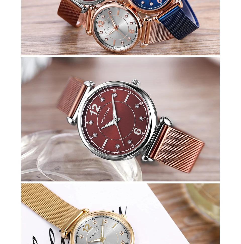Mini foco 0177 elegante senhoras relógio de quartzo moda luminosa à prova dwaterproof água pulseira metal relógios casuais para mulher relojes de mujer