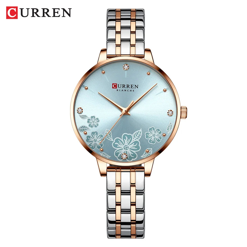 CURREN-quartzo relógios para mulheres, simples pulseira de aço inoxidável, flor Design Dial, moda