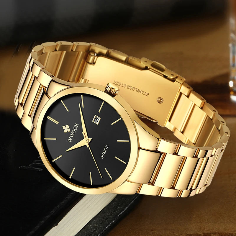 Estilo simples relógios para homens quartzo relógio de aço inoxidável wwoor relógios masculinos marca superior luxo ouro preto relógio de pulso à prova dwaterproof água