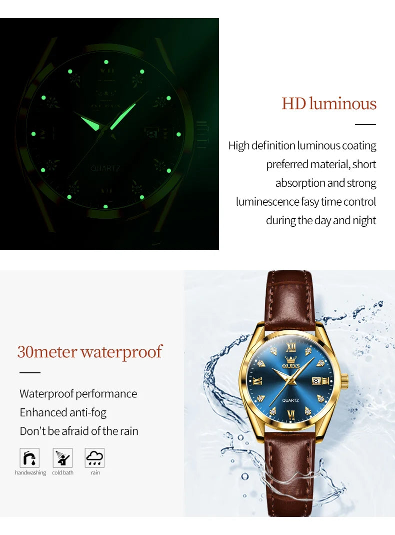 Olevs clássicos pulseira de couro relógio de quartzo para mulheres moda elegante diamante senhoras relógio à prova dwaterproof água data relógio de quartzo feminino