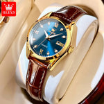 Olevs clássicos pulseira de couro relógio de quartzo para mulheres moda elegante diamante senhoras relógio à prova dwaterproof água data relógio de quartzo feminino