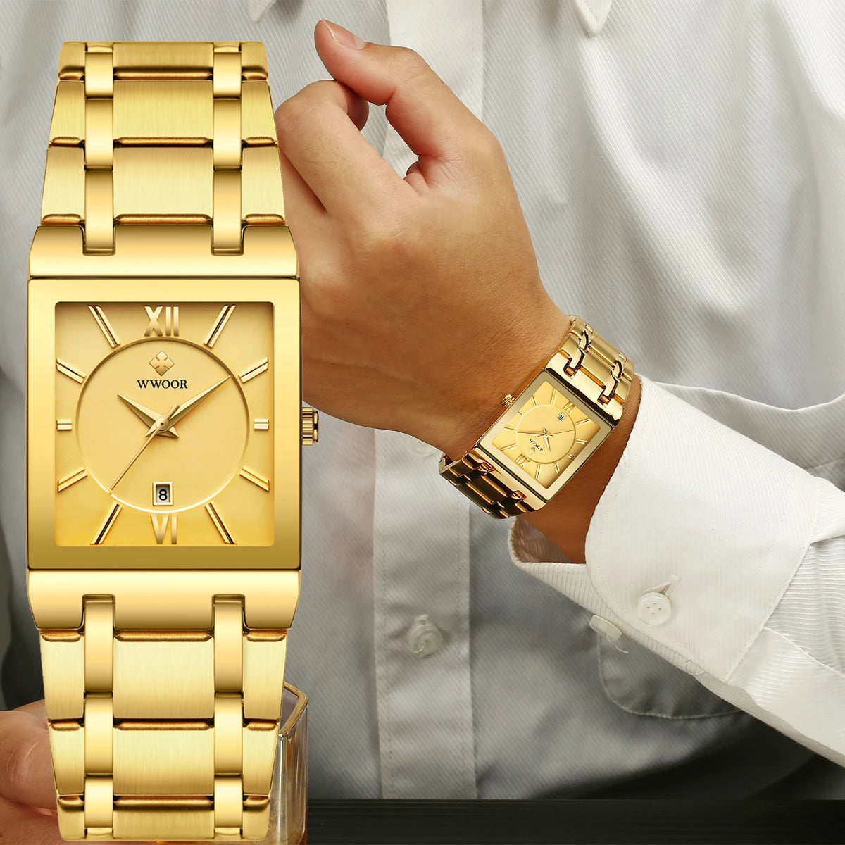 Wwoor-relógio masculino de quartzo, aço inoxidável, ouro, à prova d'água, com data quadrada, marca de luxo, para homens