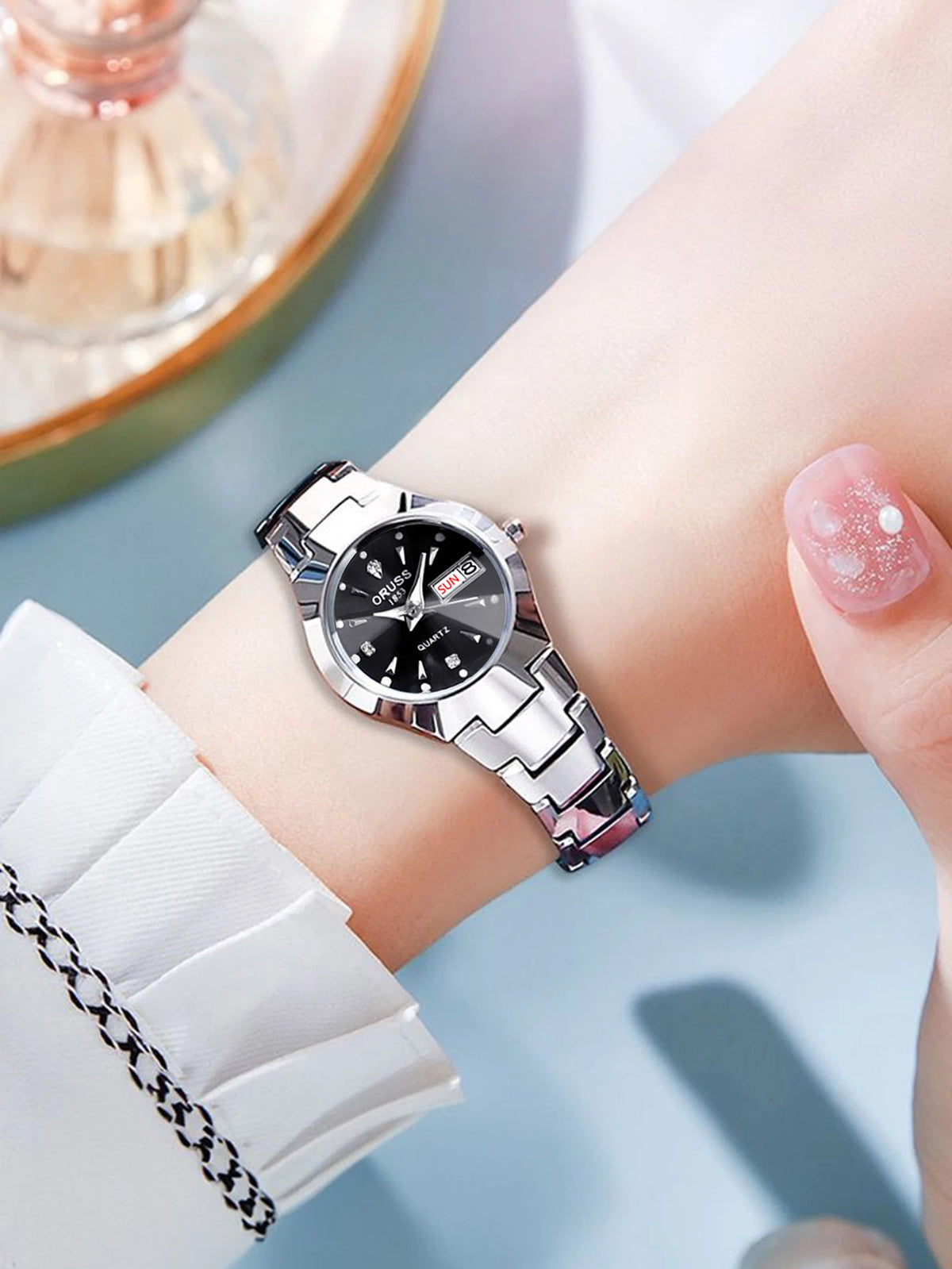 Oruss marca quente relógio feminino de alta qualidade aço inoxidável à prova dwaterproof água ponteiro luminoso semana calendário eleganc relógio quartzo feminino