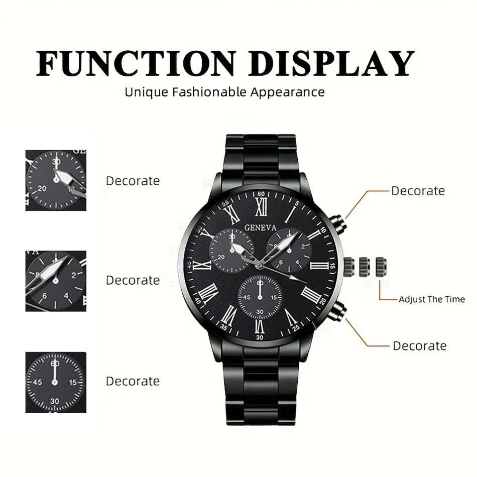 4 pçs moda masculina luxo relógio de pulso de quartzo spearhead pingente colar pulseira anel masculino negócios analógico relógios de aço inoxidável