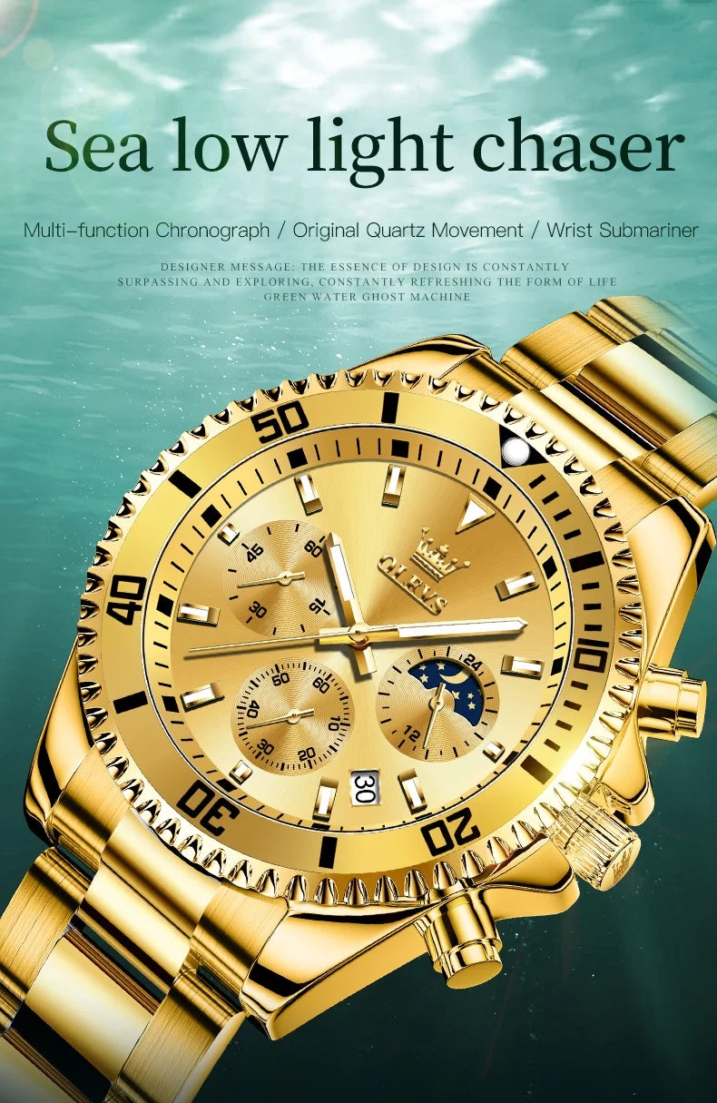 Olevs 2870 relógio masculino 42.5mm grande mostrador cronógrafo fase da lua relógios esportivos à prova dwaterproof água moda original relógio de quartzo para homem 2025