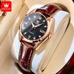 Olevs clássicos pulseira de couro relógio de quartzo para mulheres moda elegante diamante senhoras relógio à prova dwaterproof água data relógio de quartzo feminino