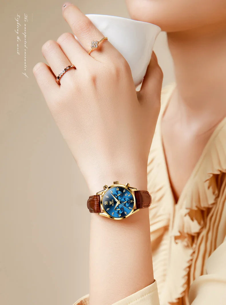 Olevs 5523 marca original relógios femininos moda à prova dwaterproof água pulseira de couro relógio de quartzo para senhora cronógrafo relógio de pulso luminoso