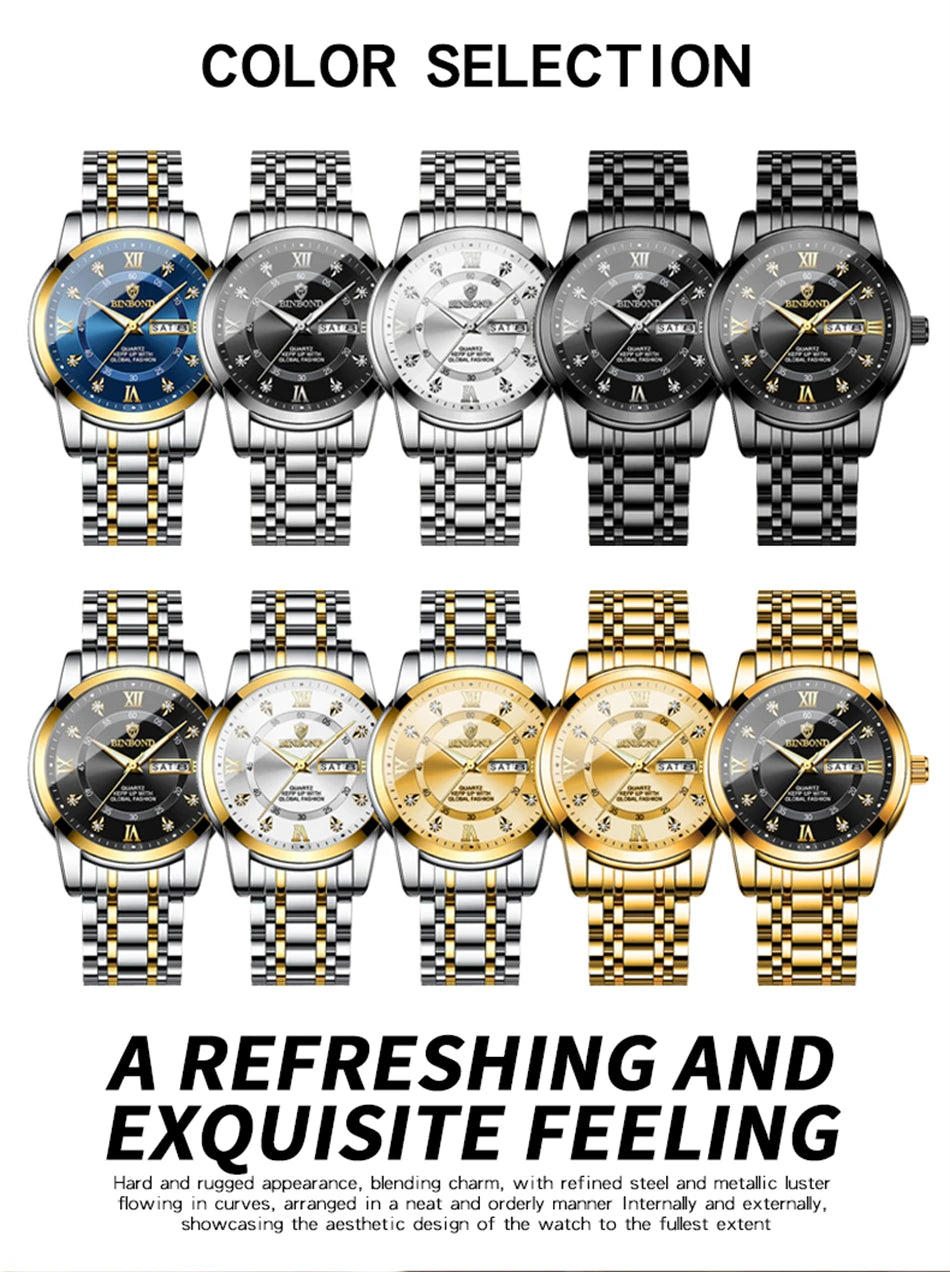 PENGAGAR-Relógio Quartz Masculino, Impermeável, Data Week, Relógio De Pulso Luminoso, Relógios De Aço Inoxidável, Relógio Masculino, Relógio Esportivo