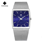 Wwoor marca superior de luxo japão movimento quartzo relógios dos homens ultra fino ouro malha aço relógio para homem quadrado à prova dwaterproof água relógio pulso