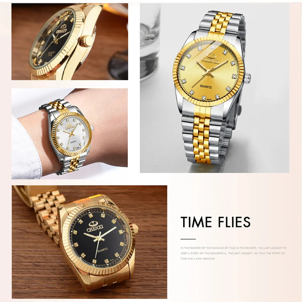CHENXI-Relógio quartzo dourado masculino, strass, pulseira de aço inoxidável, impermeável, relógios de pulso empresariais para homens, várias cores, moda
