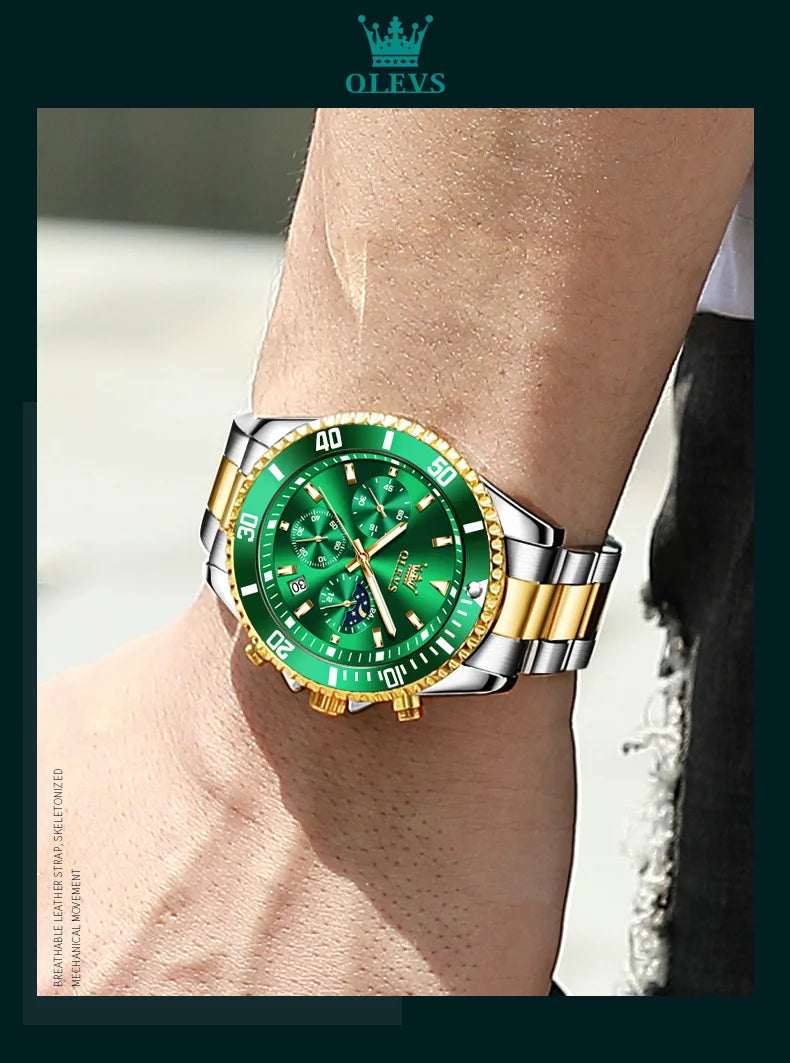 Olevs 2870 relógio masculino 42.5mm grande mostrador cronógrafo fase da lua relógios esportivos à prova dwaterproof água moda original relógio de quartzo para homem 2025