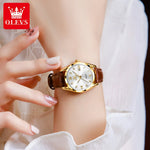 Olevs clássicos pulseira de couro relógio de quartzo para mulheres moda elegante diamante senhoras relógio à prova dwaterproof água data relógio de quartzo feminino